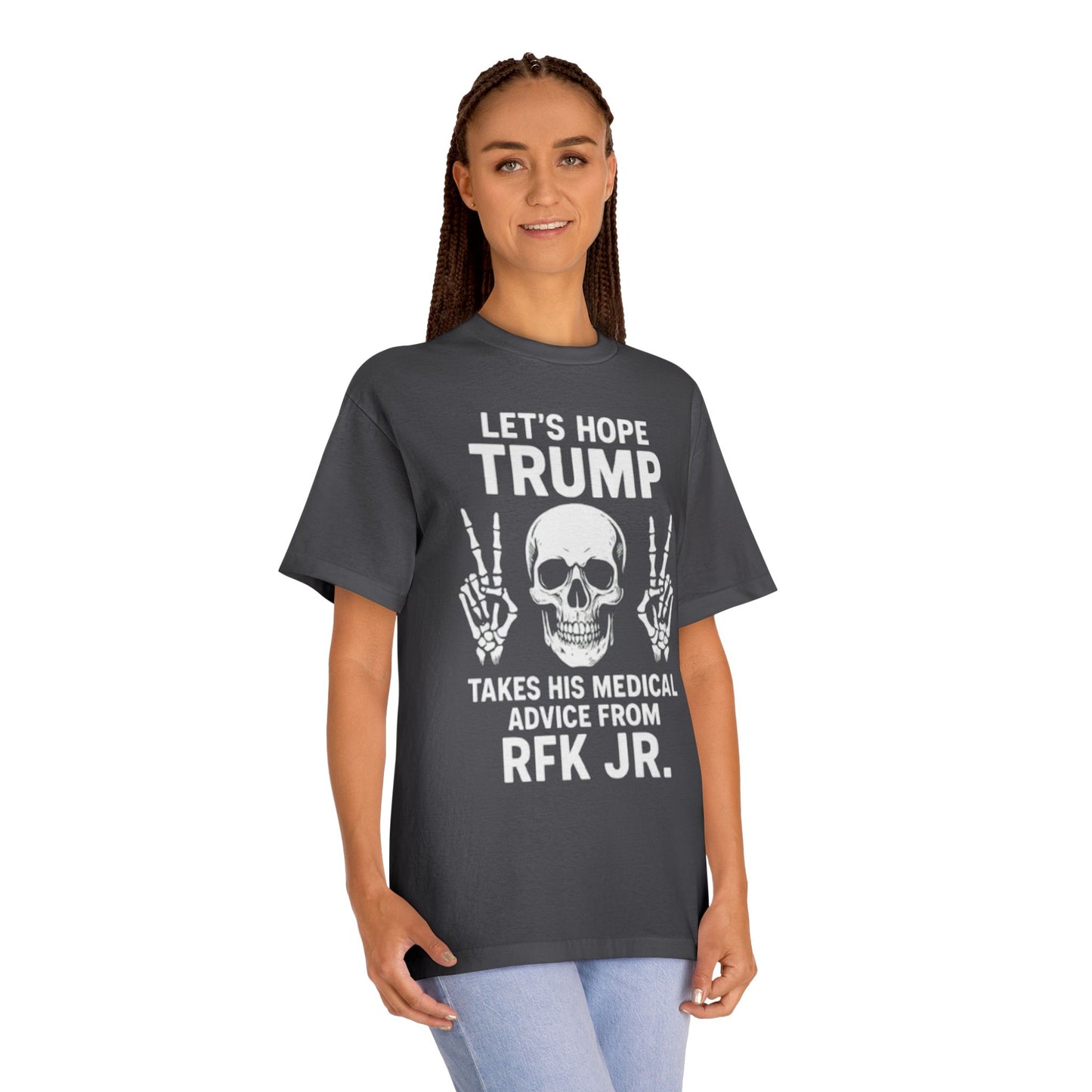 Graphic Tee — Skull Peace Sign Political Statement T-Shirt (Lets Ride Trump RFK Jr.)
