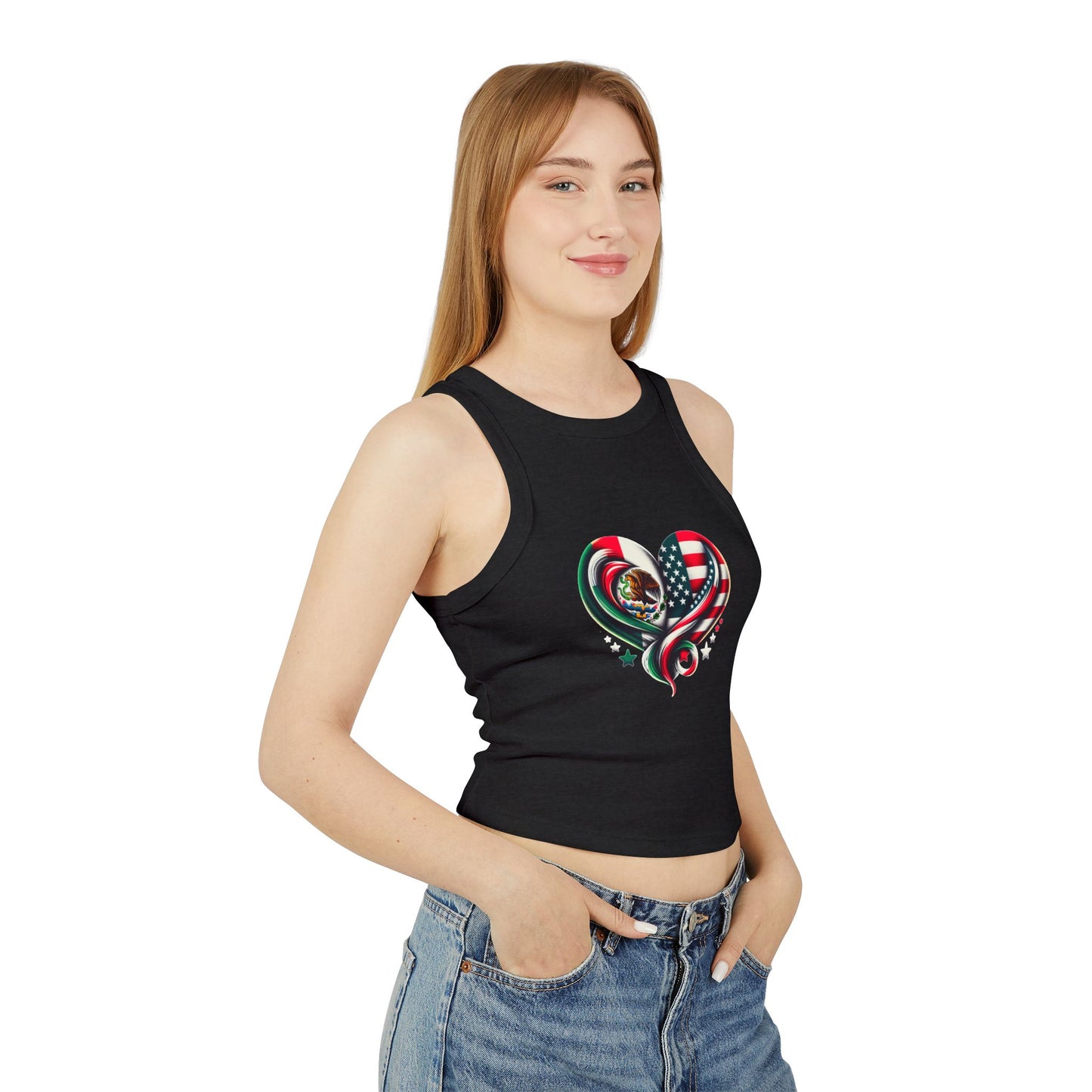 Heart Flag Love Tank Top | Women's Micro Rib Racer Top | USA Mexico Pride [...]